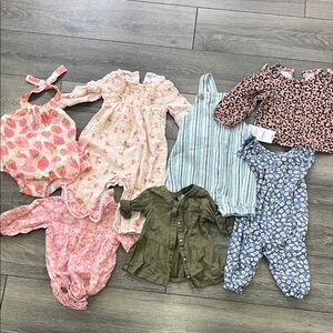 6, 6-9 month Mixed Baby Girls Romper & Outfit Lot - Floral, Stripe, Olive, Pink